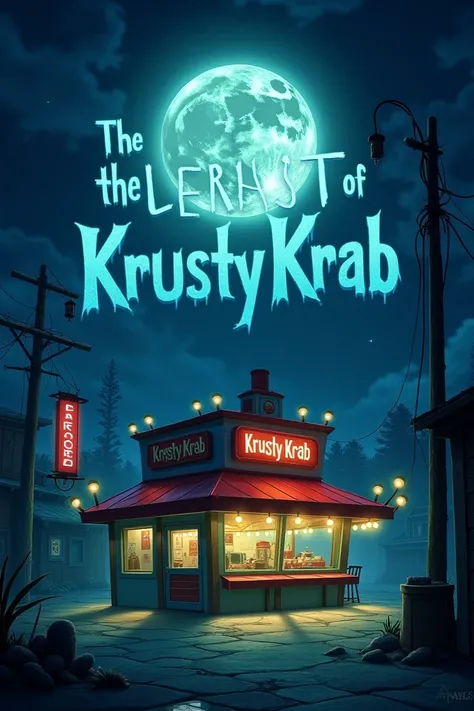  Create an image of Bikini Bottom at night , with the full moon illuminating the sky.  Show Krusty Krab with flashing lights and a dark atmosphere.  Include a legend written in large letters in the sky : The Legend of the Ghost of Krusty Krab ."