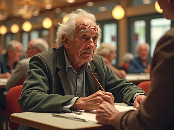 The old man sits at one of the tables in the cafeteria and asks the waiter for the menu