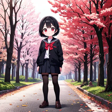 A very young Loli girl, short split color hair black & white, red eyes, wearing a school uniform standing next to a cherry tree with a gorgeous forest view
