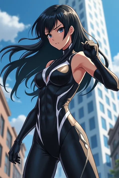  My Hero Academia style ,   anime girl , woman, young woman ,  full body shot ,( Fighting Stance :1.3),Long Hair,  black hair,   dark eyes, hero suit, Full Body Suit, black suit with white details , perfect anatomy,  enhanced abs , super detailed,(building...