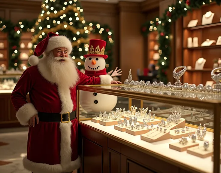 "Design an elegant Christmas-themed jewelry store interior. Santa Claus stands beside a smiling snowman near a glass display case showcasing sparkling diamond jewelry, including necklaces, rings, and bracelets. The store is beautifully decorated with twink...