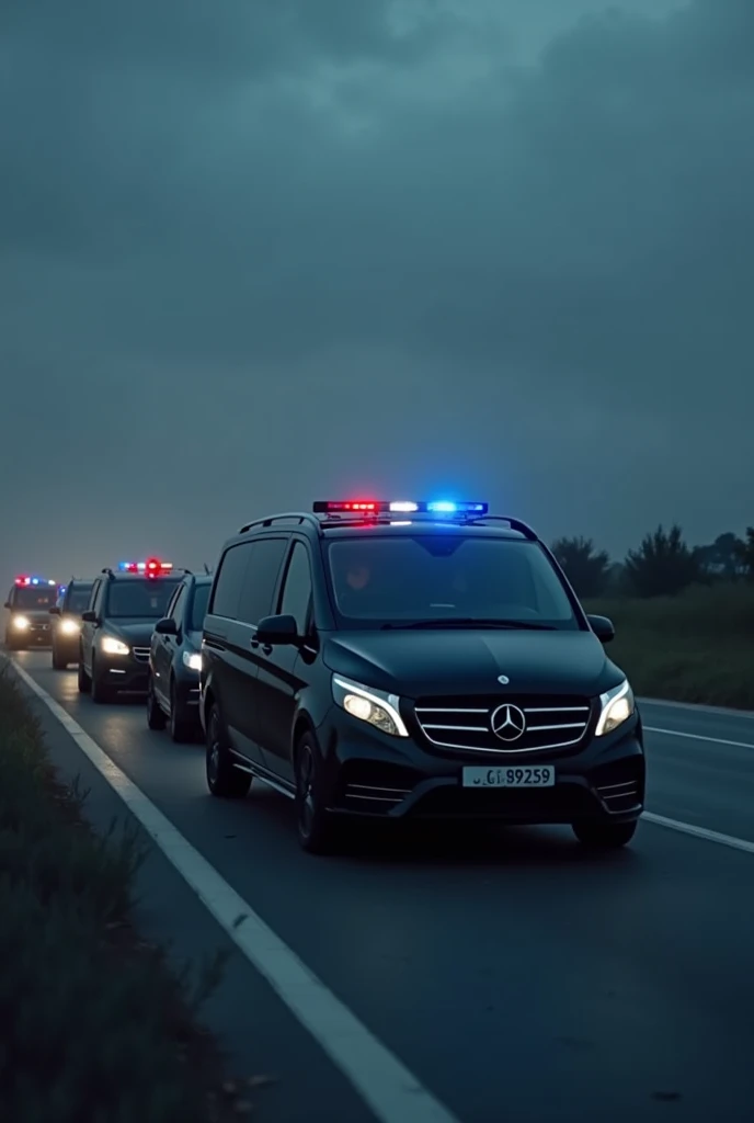  3 units of black mercedes with black glass moving behind each other in Baku 
a car with a Vito maek and a sky red light on it and let it be night time and let it be a straight road, the road to another city there should be a blue flashing light on top of ...