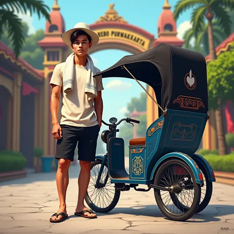 a young Indonesian man, handsome with black hair, white hat, light colored t-shirt with a towel around his neck, black shorts, and flip-flops. He stands next to a traditional rickshaw with a blue frame, black canopy, and intricate designs on the side panel...