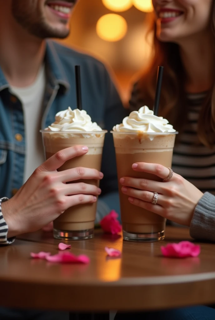  Create a date at a restaurant between a girl and a boy where only their hands can be seen, Drinks can be frappuccinos and something romantic that the boys dont notice and that is a real photo 