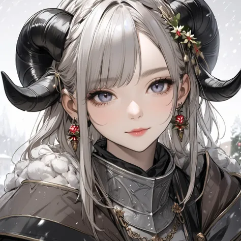 
( best quality, sketch:1.2),Realistic, 1 girl, masterpiece, Noir Dark, art,  Im wearing a zinnia hair ornamentand earrings,Sheeps horns are growing,Medieval female knight outfit,Shoulders stick out, Christmas season , its snowing,  face close-up 、cheek to...