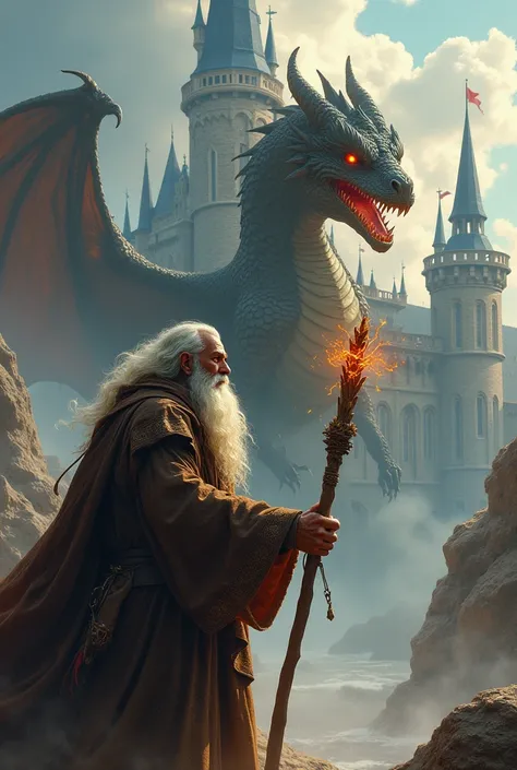 An ancient wizard in brown robes, brandishing his staff, faces a fierce dragon in front of a majestic castle.