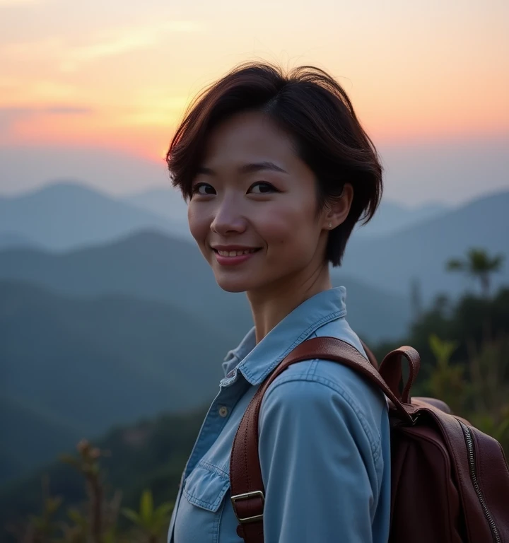 A beautiful woman 45 years with pixie bob cut dark brown hair, charming face most details, thin smiling, big breasts, strong and little muscular, wearing light indigo shirt leather backpack , stands in front of Phu Bo Bit mountain Loei Thailand, looking at...