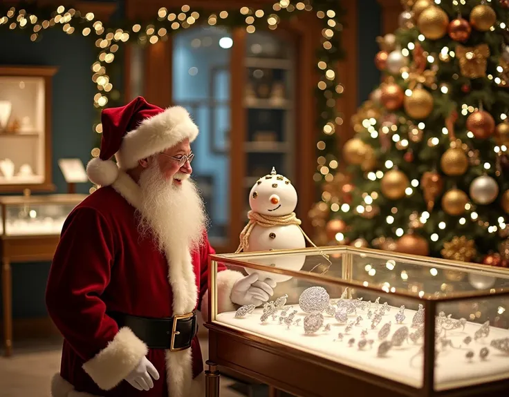 "Design an elegant Christmas-themed jewelry store interior. Santa Claus stands beside a smiling snowman near a glass display case showcasing sparkling diamond jewelry, including necklaces, rings, and bracelets. The store is beautifully decorated with twink...