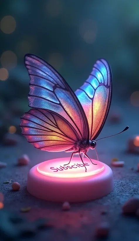 Create an image of a colorful butterfly gently perched on a glowing Subscribe button, as if holding it with its feet. 