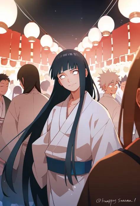 (naruto oc), (naruto character),(gender: male, boy), (hair: long length, black hair, straight hair, straight bangs), (eyes, white eyes, no pupil, without pupil), (clothing: white kimono), (scenario: Japanese festival, night), (expression: smiling, happy)