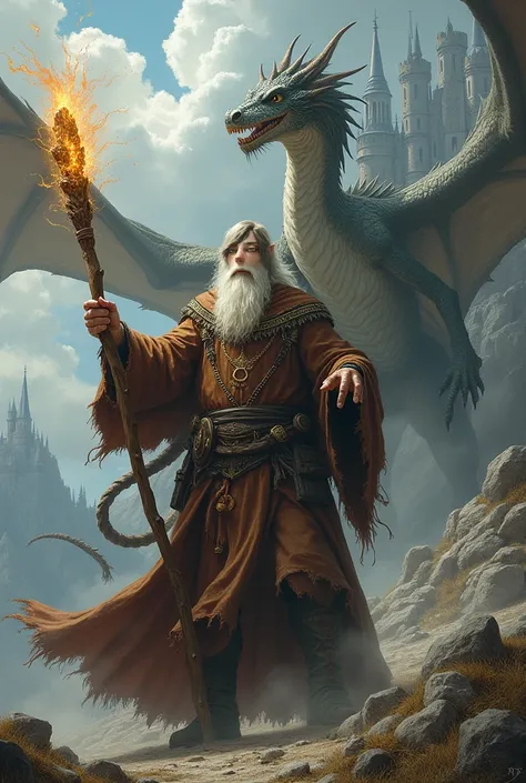 An ancient wizard in brown robes, brandishing his staff, faces a fierce dragon in front of a majestic castle.