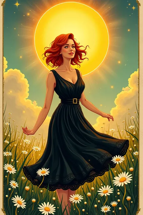 Create a taro card. The letter the sun .  The image is an art of a girl in black clothing that resembles a witch , red hair,  short and wavy fringed  .  She is happy in a smiling field filled with daisies its a bright sun behind 