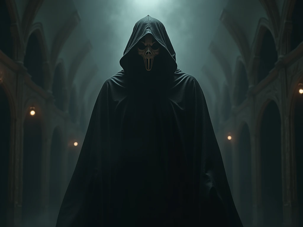 a man in a horror mask with a dark hood