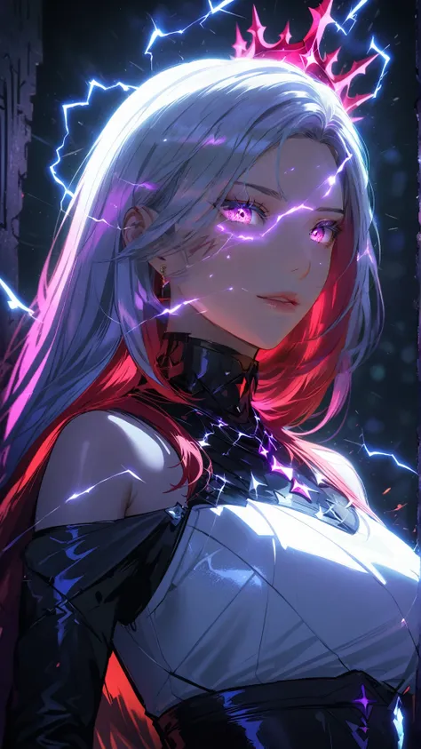  one girl, side band:1.2,  split colored hair:1.3, long hair,  black lips , He laughs,  white dress ,  how transparent is ,  crown of thorns  ,  dramatic lighting , Soft shade, Art board, Best quality, security, SFW, Very aesthetic, Recently , silly,  high...