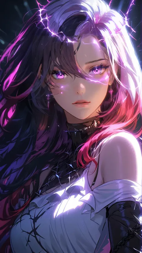  one girl, side band:1.2,  split colored hair:1.3, long hair,  black lips , He laughs,  white dress ,  how transparent is ,  crown of thorns  ,  dramatic lighting , Soft shade, Art board, Best quality, security, SFW, Very aesthetic, Recently , silly,  high...