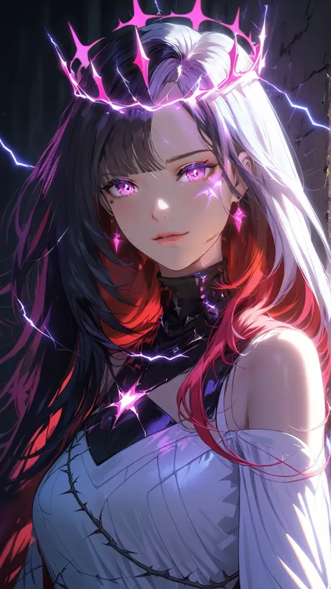  one girl, side band:1.2,  split colored hair:1.3, long hair,  black lips , He laughs,  white dress ,  how transparent is ,  crown of thorns  ,  dramatic lighting , Soft shade, Art board, Best quality, security, SFW, Very aesthetic, Recently , silly,  high...