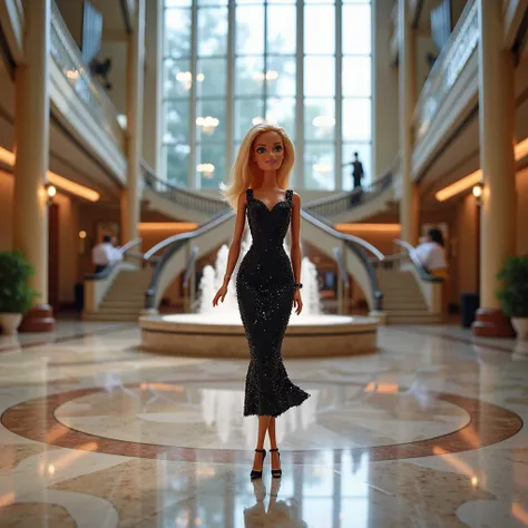  Overview of Barbie wearing a black sequin dress and matching heels,  standing in the atrium of a modern and glamorous hotel .  The architecture includes glass walls , a grand staircase and a central fountain .  The wide view captures the magnitude and lux...