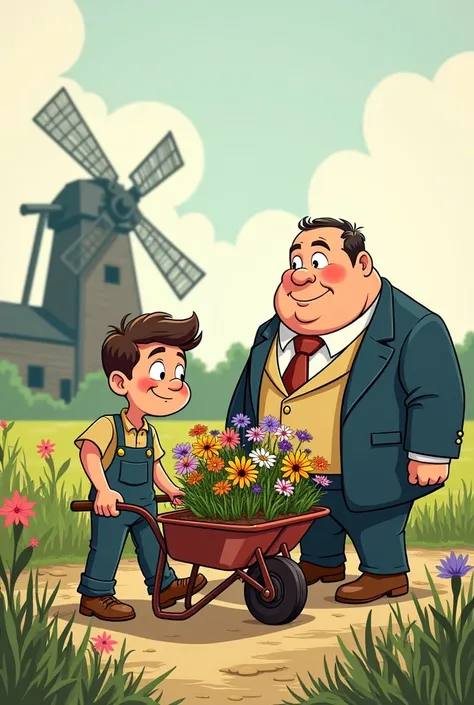 Cartoon of a poor young gardener with a wheelbarrow full of flowers and next to him a fat man in a suit. In the background you can see a mill . 