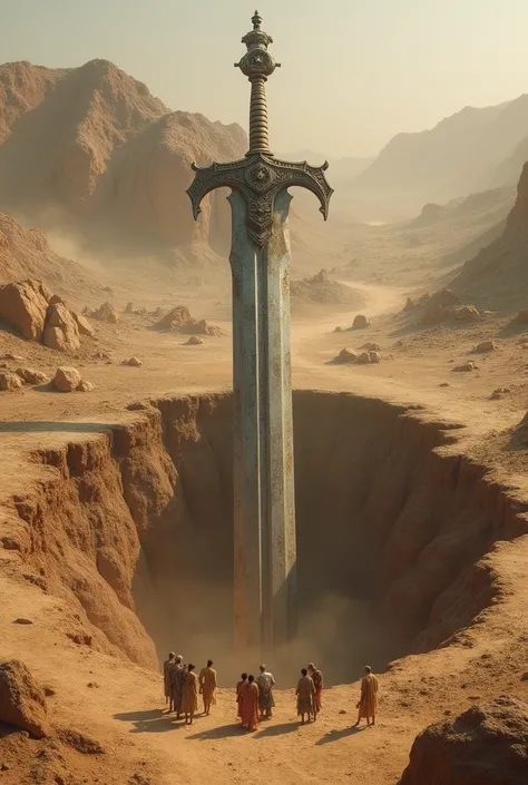 A giant sword was found digging a pit in india. Create such an image that it looks 100% realistic but true and make people stand all around it has become dusty vertically