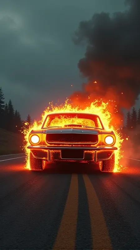 Make music albums cover, with a mustang old on made of real fire , with dark them on road combine with fire and drakness, demonic element 