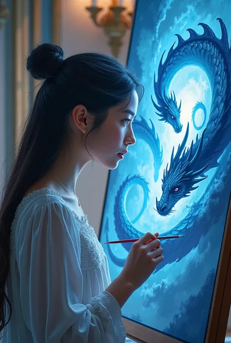 20 year old ,  super detailed , girl,  round and blue dragons fight, girl onları çiziyor