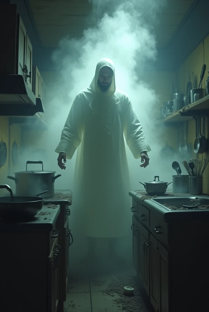  Create an image of the ghost of the former cook hanging over the pots , with a sad look and a glowing aura surrounding .  Add details like steam coming out of the pots and kitchen utensils floating around him