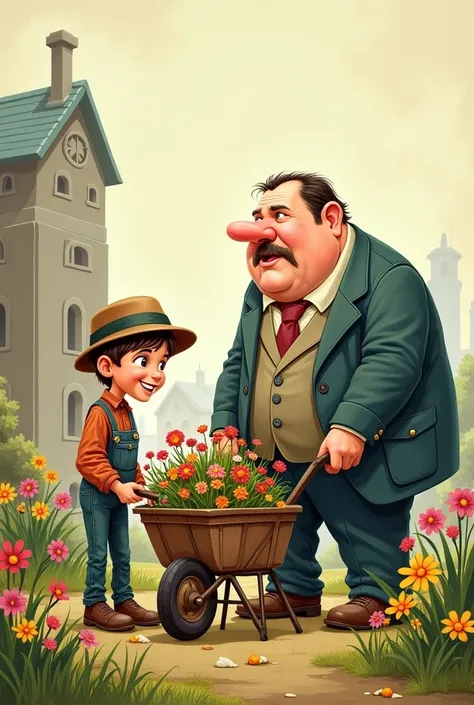 Cartoon of a poor young gardener with a wheelbarrow full of flowers and next to him a fat man in a suit. In the background you can see a mill . 