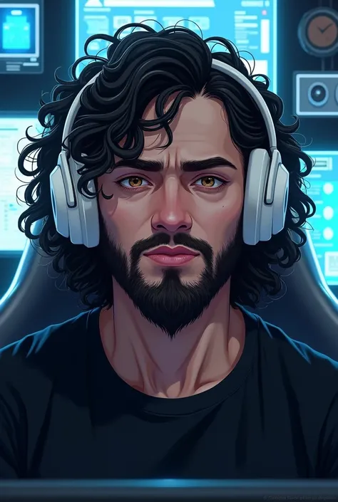  Create an illustration of a white man with long curly dark hair, with a medium size beard , light brown eyes with droopy eyelids, big head, dorsum of the nose wide ,  Square face ,  wearing a white headset on a gamer tech background ,  dressed in a black ...