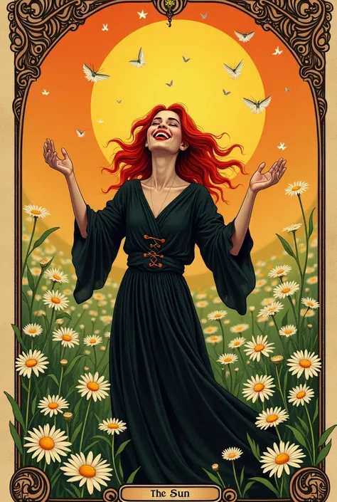 Create a vintage-style tarot card. The letter the sun .  The image is an art of a girl in long black clothes , red hair,  short and wavy fringed  . She is happy in a field smiling  ,  throwing flowers upwards amidst many daisies and a radiant sun behind 