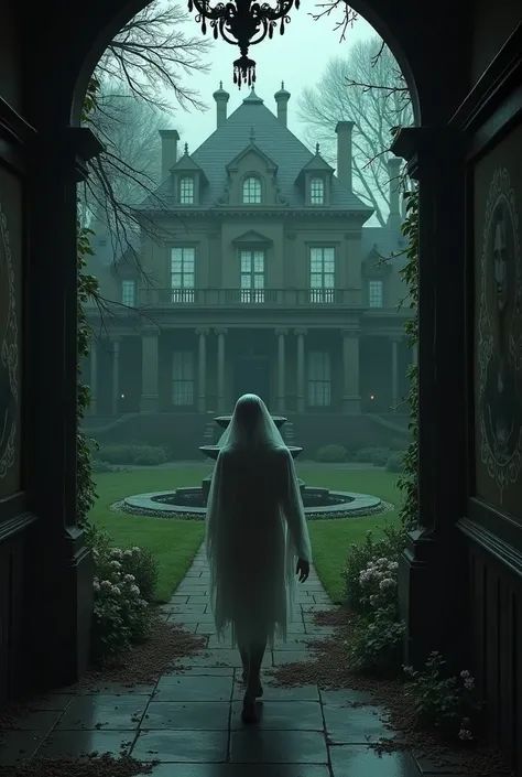 " Create a dark, atmospheric image of a large mansion ,  surrounded by dark, dense woods .  The mansion must have walls covered in ivy , dark, empty windows ,  and a labyrinthine interior . inside,  a sad garden with wilted flowers and a stone fountain sho...