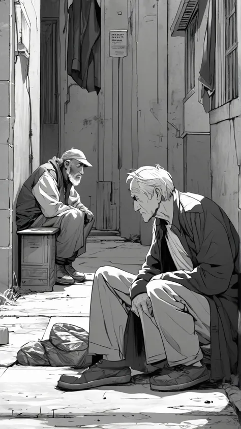 Black and white image, young adult intrigued approaches an old homeless man who is sitting on the ground, in a poor neighborhood