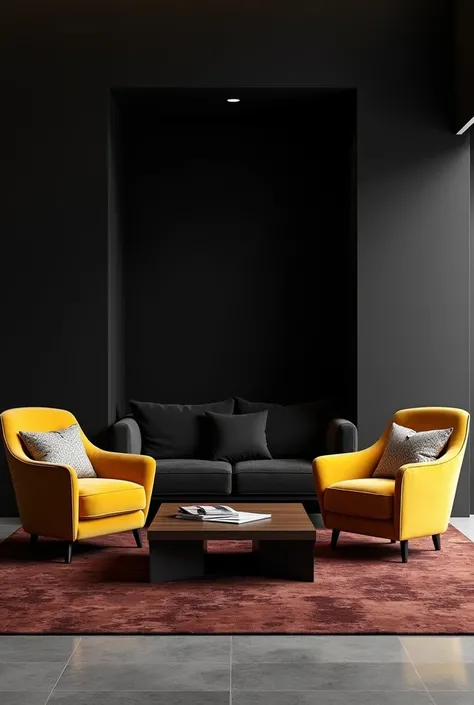 Architectural professional 3D rendering in a minimalist and modern style of the design of the hall and reception space in the villa with two comforts in dark yellow and black and both of velvet and yellow-black comfort cushion with pale white design and bl...