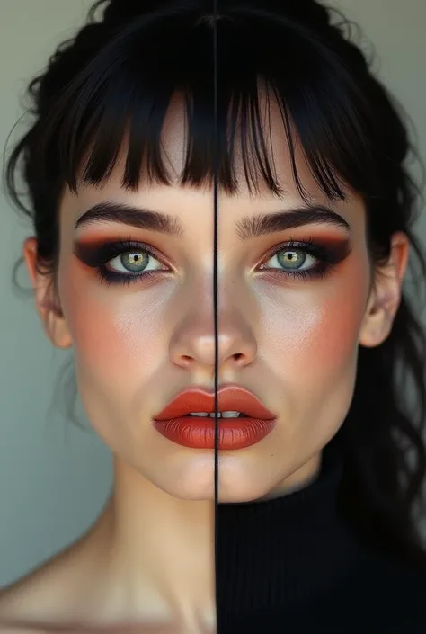 

-Two side-by-side portraits: One with a person wearing heavy makeup, and the other without makeup, showcasing their real face

