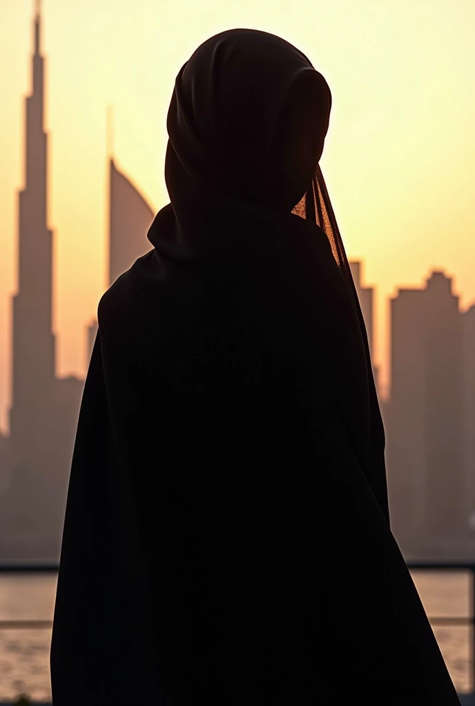 Create the silhouette of a woman in Qatar with hair that cant be seen on her face 