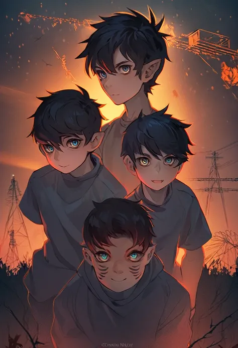 anime group of ukrainian monster boy ,masterpiece),on chernobyl night ,best quality,expressive eyes,perfect face ,4k, modern style detailed illustration