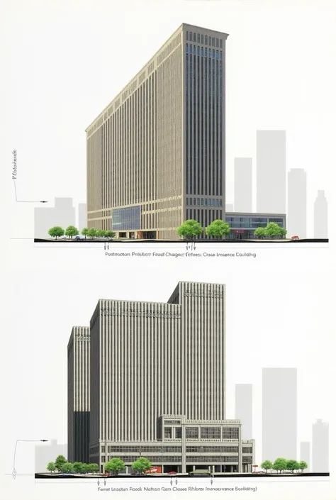 Suggested image:
 Comparative diagram between the AT &Philip Johnsons T  ( example of postmodern architecture )  and a Chicago School building ,  as the Home Insurance Building .  This graphic would show the differences in the use of ornamentation and clas...