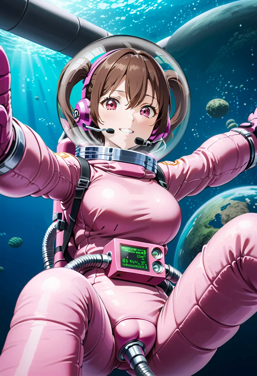 eva helm, spacesuit , astronaut), from below , bubble helmet, space helmet,wearing a (spacesuit:1.15), hovering, underwater, flo...