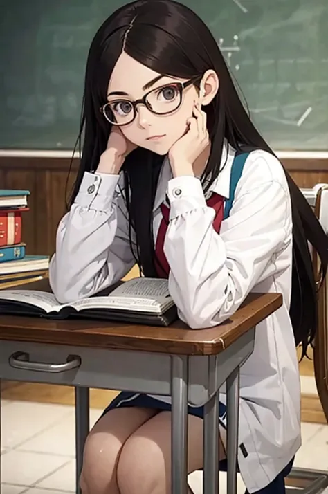 This picture shows a girl wearing glasses,  1 girl, Alone, School, 