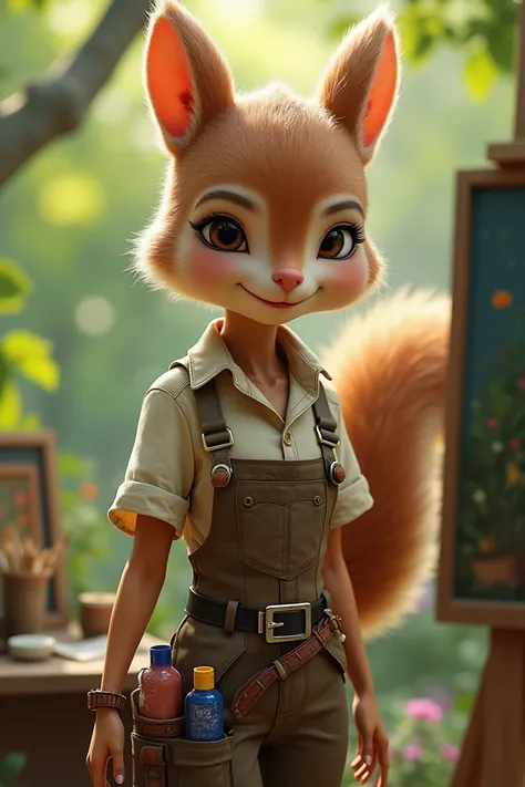  A human girl with squirrel ears and a squirrels tail who wears a nice light and dark brown outfit with a belt where she carries small cans of oil paints and brushes, She is an artist 