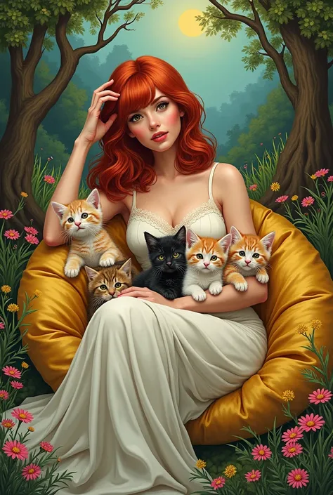 Create a taro card. The letter the empress .  It is an art of a red-haired lady with wavy red hair with short bangs lying on a chic golden pillow filled with kittens on her happy lap.  The girl exudes charisma  .  The landscape is a forest filled with colo...