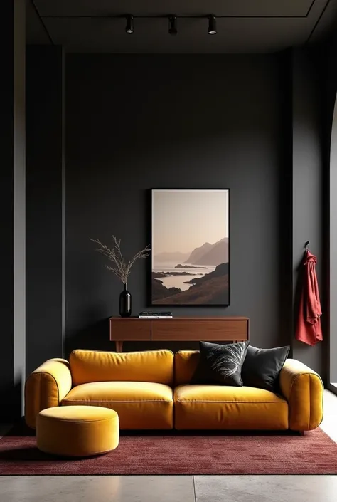 Architectural professional 3D rendering in a minimalist and modern style of the design of the hall and reception space in the villa with two large three-person comforts in very dark yellow and black and both of velvet and yellow-black comfort cushion with ...