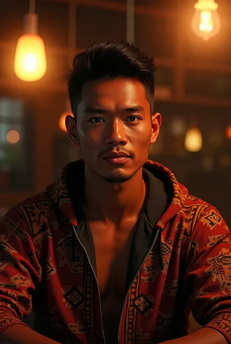 Realcartoon ,  a handsome man from indonesia wearing a typical indonesian batik hoody,  lighting from a bar lamp 