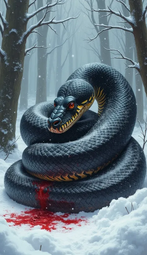 **"Painting a scene in a snow-covered forest, the tall bare trees are covered with frost, and the snow is falling heavily, creating a cold, gloomy atmosphere. In the center, a huge, shiny black python with a majestic appearance is squeezing a zebra. The ze...