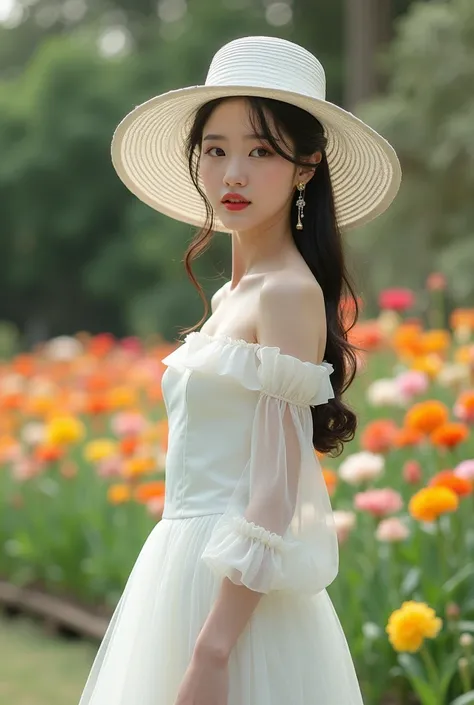 A beautiful Korean woman wearing a white classic European dress, see thought dress , wearing a noble hat in a beautiful flower garden Cinematography 8KUHD Hyper realist ultra 4HDnatural 