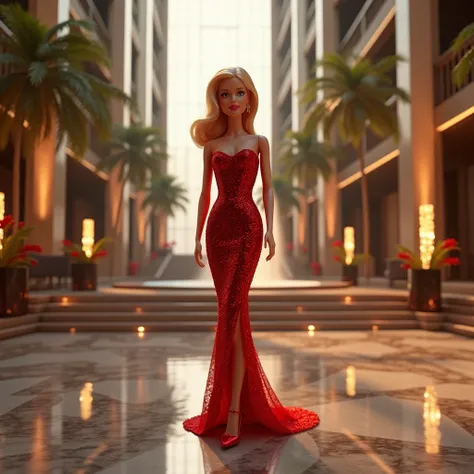 An elegant Barbie in a red evening dress with sequins and matching high heels,  standing in the glamorous atrium of a hotel .  The architecture is modern , with glass walls ,  a grand staircase and a fountain in the center .  Wide angle view that highlight...