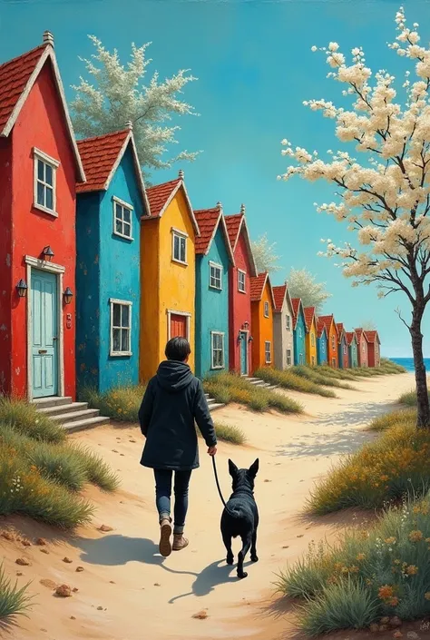 

"Create an encaustic painting capturing a whimsical beachfront scene featuring a row of unevenly plastered, multicolored houses. Each house, slightly crooked and unique in shape and size, showcases a charming sense of magic realism. The vibrant colors an...