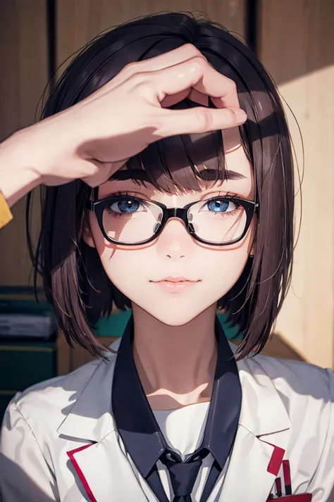 this picture shows a girl wearing glasses,  1 girl, alone, school,