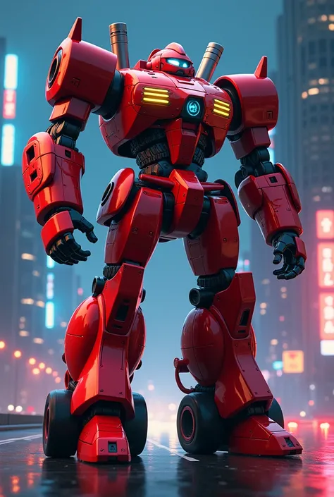 The head of the red mechanical robot is headlight, arms are handles, legs are tires, and a muffler like a stainless steel pipe is attached to the back。 It looks just like Gundam 。

 The background is on the highway at night 、 the city lights are flickering...