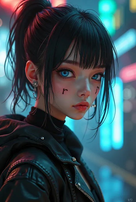  teenager, median , She has heterochromia , Asian features,  kind of cyberpunk clothing style ,  features striking a scar in the shape of "r"