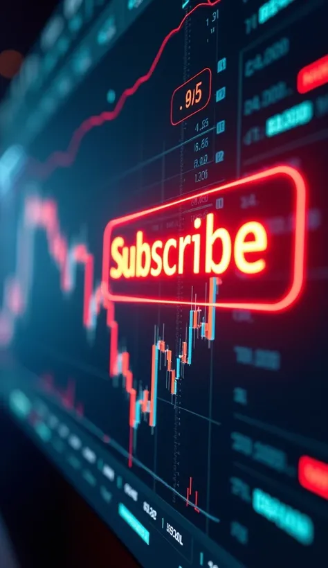 Design an image with a glowing Subscribe button overlaid on a dynamic stock market screen showing fluctuating numbers and graphs. The background should have a modern, high-tech feel with bright colors highlighting the Subscribe button to make it stand out,...